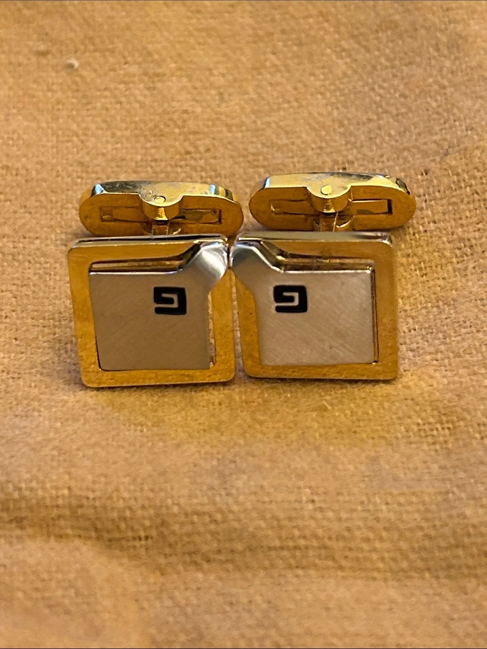 Givenchy Square Two Tone Silver and Gold Cufflinks with G Logo